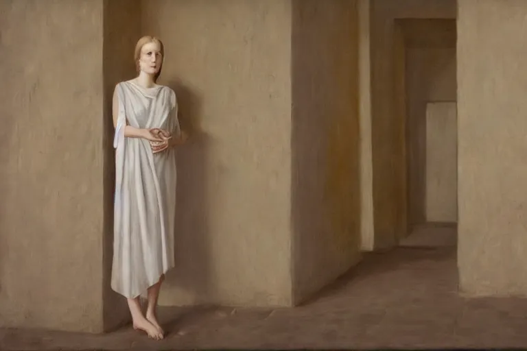 Prompt: hyperrealism, long view of woman stands in front of wall, wall with many small art painting, pale skin, in style of classicism