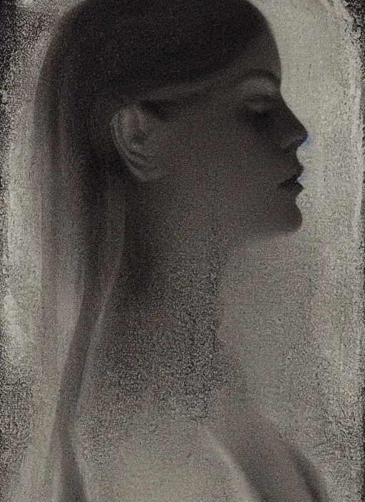 Prompt: a woman's face in profile, made of glistening cobwebs, in the style of the Dutch masters and Gregory Crewdson, dark and moody