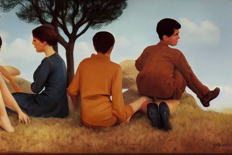 Prompt: beautiful painting of friends, beautiful faces, sitting on the edge, cute, soft light, digital painting by diane arbus and ralph mcquarrie and charles maurice detmold