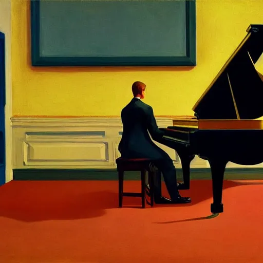 Image similar to painting of a man sitting at a grand piano, but not playing. he's looking into the void. by edward hopper and james gilleard