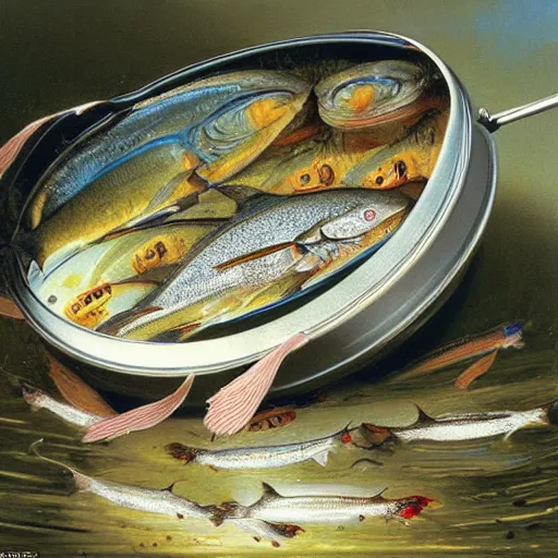 Prompt: sardine in a can, extremely detailed masterpiece, illustration, colorful, by michael sowa and craig brunmfield,