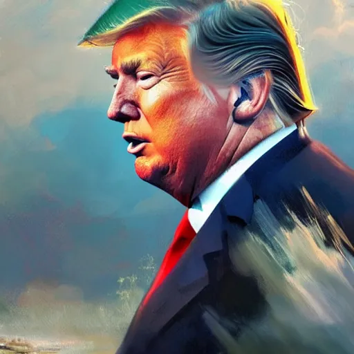 Prompt: head and shoulders masterpiece portrait of a donald trump riding a nuke, surreal background, digital art by krenz cushart, trending on artstation, cgsociety,