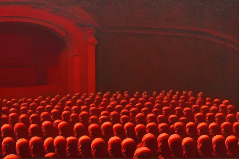 Image similar to only with red, crowd screaming, an exposed painting in a roman theater, in the style of beksinski, parts by edward hopper, parts by rodcenko, parts by yue minjun, intricate and epic composition, red by caravaggio, insanely quality, highly detailed, masterpiece, red light, artstation, 4 k