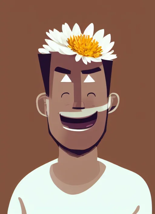 Image similar to a white young man drinking from a coffee cup, which is a brown flower, big smile, prominent big eyes, wise forehead, big lips, round portruding chin, background full of brown flowers, standout colours, thin sharp lines, digital painting, artstation, matte, sharp focus, illustration, moe artstyle