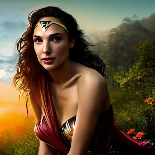Image similar to Portrait of the beautiful woman Gal Gadot, she is posing, she has a crown of flowers, she is sitting on a rock in an ancient forest, there is fog, she is getting ulluminated by the rays of the sunset, the photo was taking by Steve McCurry, matte painting, oil painting, naturalism, 4k, 8k
