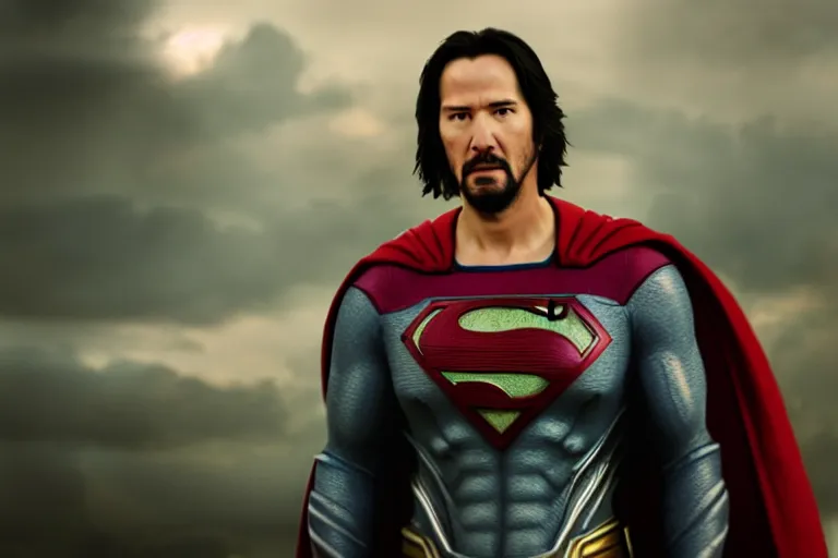 Image similar to film still of Keanu Reeves as Superman in Justice League movie, 4k