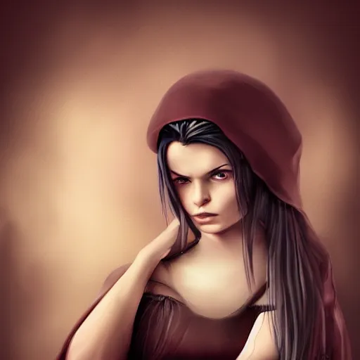 Prompt: grumpy girl, portrait, ice magic, dark hair, dark robe, warm light, concept art, illustration