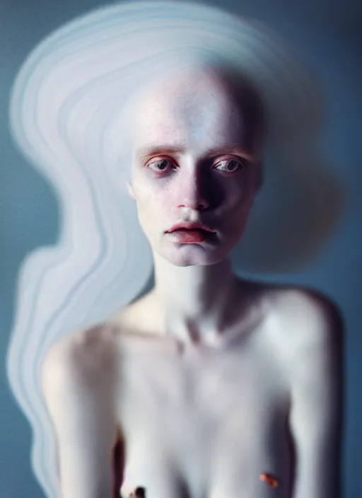 Image similar to cinestill 5 0 d photo portrait of a beautiful metamorphs with woman face, body in weird marble, white hair floating in air, in style of tim walker by roberto ferri, 1 5 0 mm lens, f 1. 2, ethereal, emotionally evoking, head in focus, bokeh volumetric lighting, tonal colors outdoor