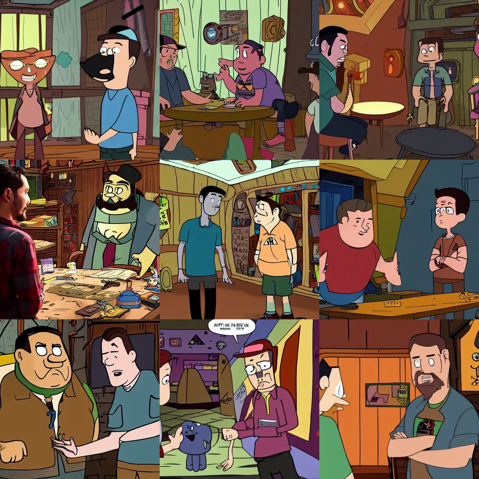 Prompt: wil wheaton talking to soos ramirez inside the mystery shack, in the style of gravity falls ( 2 0 1 2 )