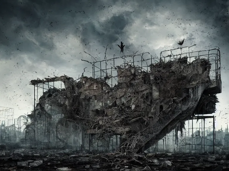 Image similar to postapocalyptic picture of black raven in cage, very emotional, ruins around, nuclear explosion, erik johansson style, conceptual art, the last day on the earth, insane detail, hyper realistic 8 k textured