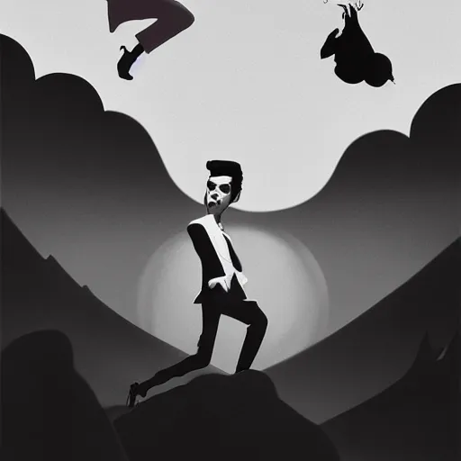 Image similar to a beautiful highly detailed matte painting of elvis presley dancing on stage by atay ghailan, cliff chiang, loish and goro fujita, black, white and pink mystical tones, featured on artstation, featured on behance, grunge aesthetic, spooky