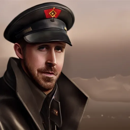 Prompt: fullbody of ryan gosling, wearing black leather coat and soviet russian peaked cap, glasses, russian ww 1, russian thach houses at background, style ivan talavera and artgerm, radiant lighting, hyper realistic, photorealistic, octane render, trending on artstation, cgsociety, cinematic light, global illumination, high detailed face