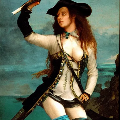 Image similar to a pirate with iridescent skin, irridescent shark colored makeup, her stance is Swashbuckling, art by courbet