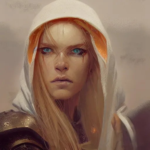 Prompt: a head - on detailed oil portrait of a distinguished elf woman wearing a white hood, long blonde hairs and bright irises, by greg rutkowski, trending on artstation, dungeon and dragons art