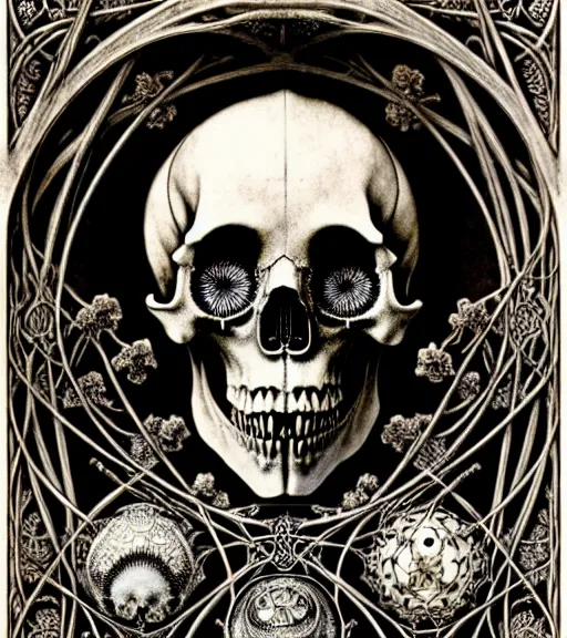 Image similar to art forms of nature by ernst haeckel, memento mori by arthur rackham, ornate antique porcelain beautiful skull mask, ultrasharp, photorealistic, hyperdetailed, octane render, polished, art nouveau, neo - gothic, gothic, intricate ornamental organic filigree, art nouveau botanicals, art forms of nature by ernst haeckel, horizontal symmetry, symbolist, visionary