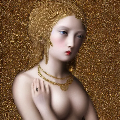 Prompt: a beautiful girl made of ivory and gold, highly intricate, digital art, very detailed, in the style of a weird and dark art noveau flemish painting, foggy