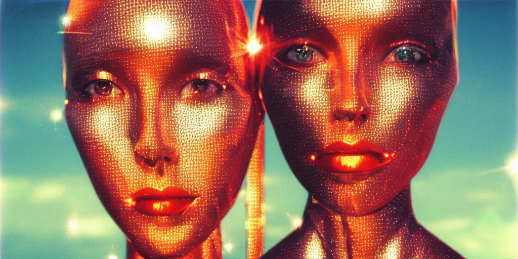 Prompt: analog polaroid portrait of an attractive chrome female robot looking at the camera, beautiful, Hajime Sorayama, symmetrical facial features, sheen, red reflections, unreal engine, azure sky, big clouds visible, sunlight, reflection, sparkles, stars, lensflare, film grain, depth of field, color bleed