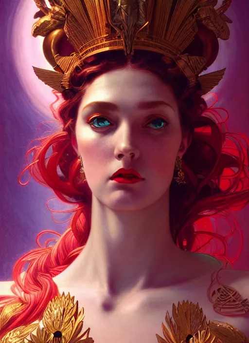 Prompt: the goddess hera looking angry, paper dress, volumetric lights, red and cyan theme, art nouveau botanicals, intricate, highly detailed, digital painting, artstation, concept art, smooth, sharp focus, symmetric face, illustration, art by artgerm and greg rutkowski and alphonse mucha