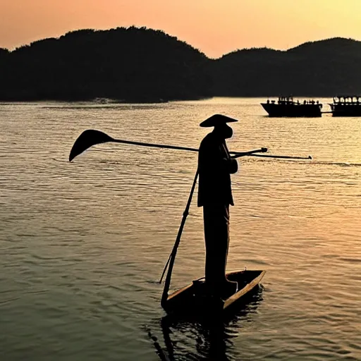 Prompt: “ an old chinese fisher on a small boat fishing with cormorant during sunset, he wears a red chinese hat ”