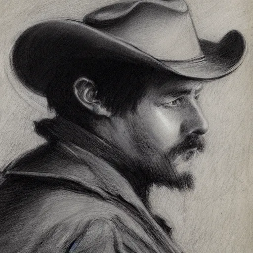 Prompt: portrait of a young action hero cowboy monster hunter, by alfred stevens in charcoal