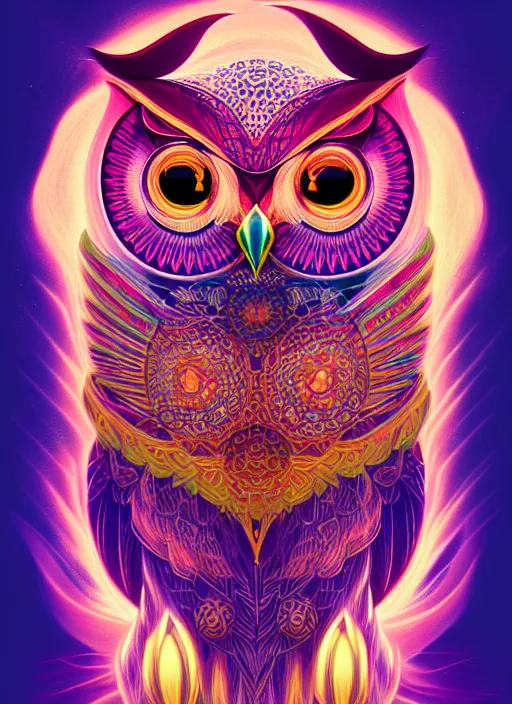 Image similar to symmetry!! product render poster vivid colors divine proportion owl, 神 圣, glowing fog intricate, elegant, highly detailed, digital painting, artstation, concept art, smooth, sharp focus, illustration,