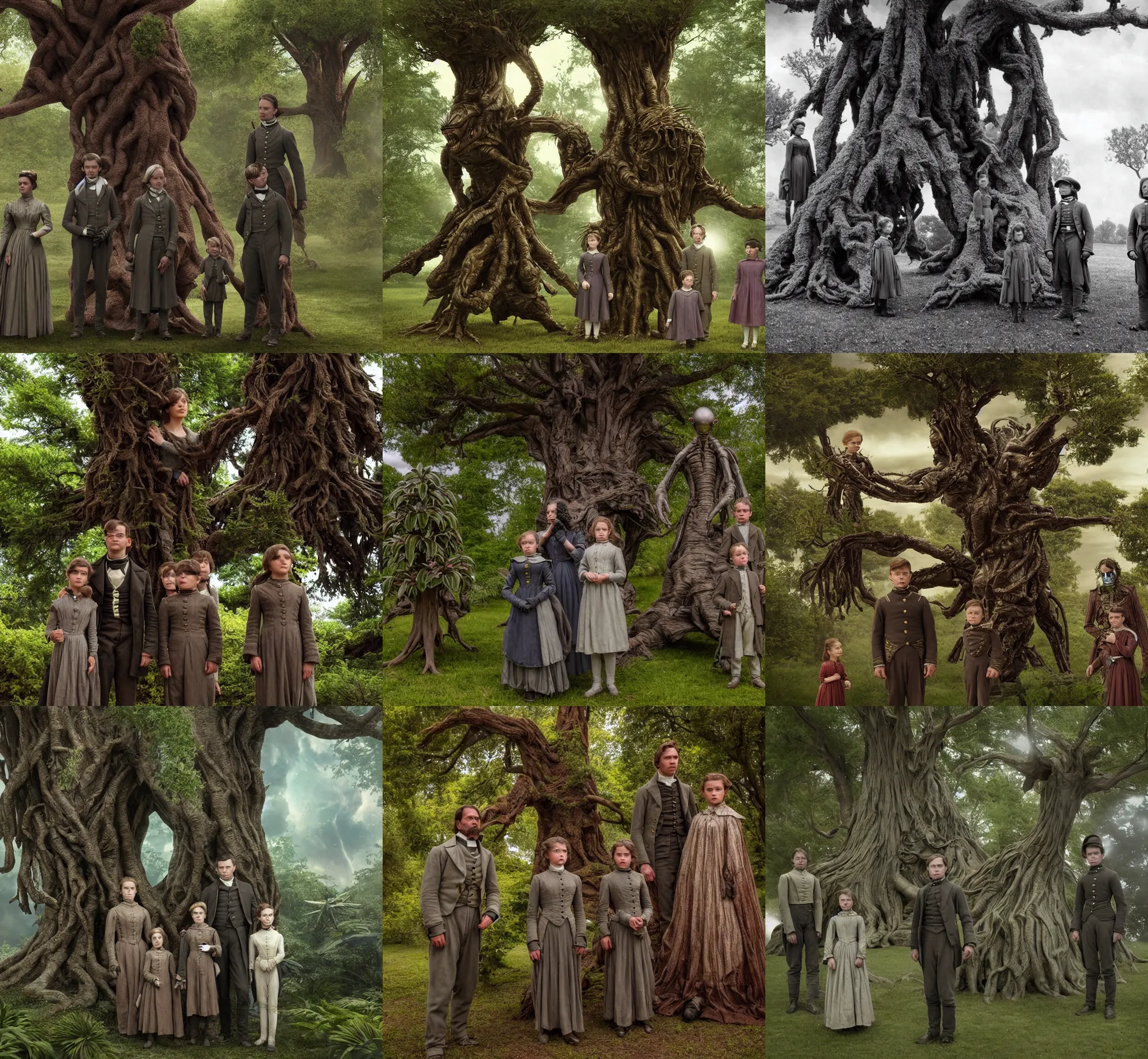 Prompt: sharp, highly detailed, film from a 2 0 1 9 sci fi 1 6 k movie, set in 1 8 6 0, family standing next to a small alien tree, in a park on a strange alien planet, surrounded by alien plants, wearing 1 8 6 0 s clothes, atmospheric lighting, in focus, reflective eyes, 3 5 mm macro lens, live action, nice composition
