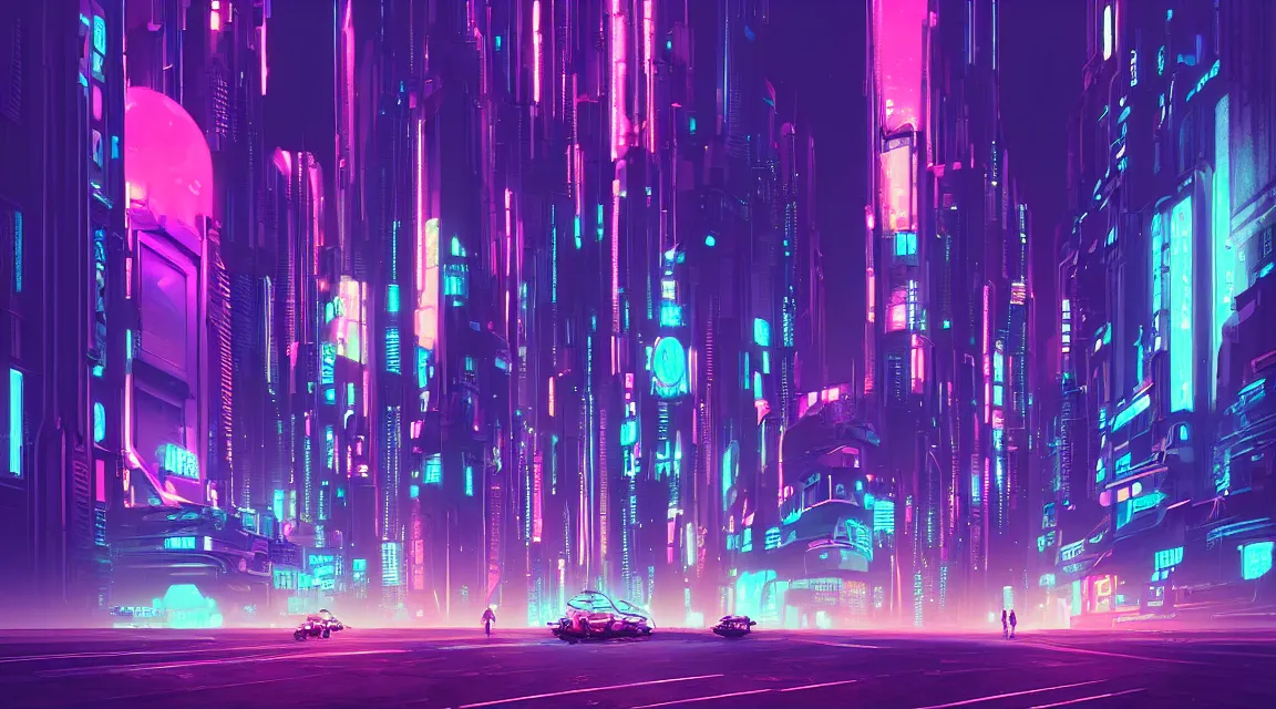 Image similar to street view of futuristic cyberpunk city at night with neon lights, retro. james gilleard. cyberpunk art by stephan martiniere, cgsociety, ring towers, line art, retrofuturism, retrowave, futuristic, zaha hadid, beeple