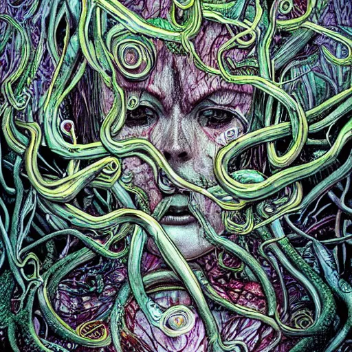 Prompt: psychedelic horror art eldritch forest of fingers and tentacles creepy horror by godmachine victo ngai yoji shinkawa junji ito shintaro kago apophasis hyperrealism photo - realistic demon hyperdetailed photography photorealistic