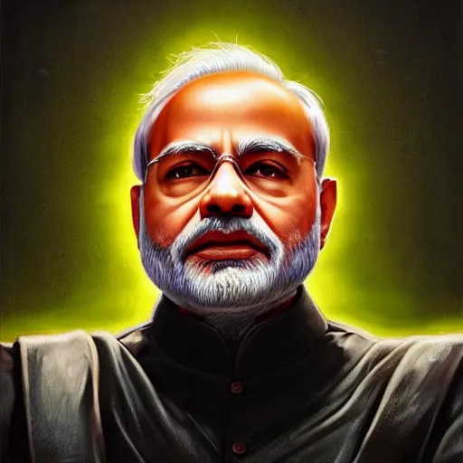 Prompt: hyperrealistic portrait of narendra modi, india flag background, cinematic, complex, glowing, highly atmospheric lighting, backlight, uplight, dramatic, trending on artstation, highly detailed, ornate, claudio bravo, alex grey, greg rutkowski, in the style of marvel comics, artgerm, frank bairstow, james cameron, ridley scott, imax quality, 8 k