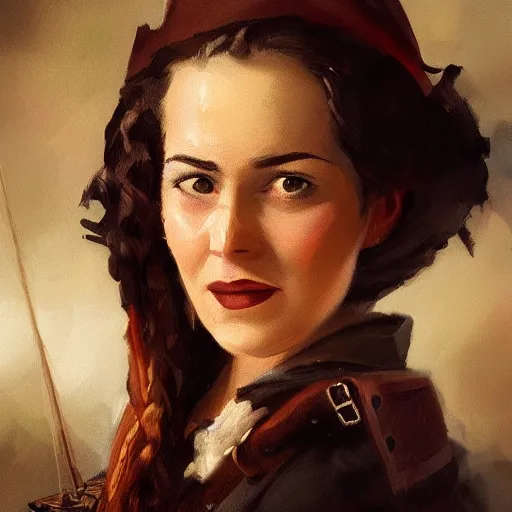 Image similar to smiling, teasing, beautiful, intelligent female pirate captain 2 8 years old, 1 9 4 0 s haircut, fully clothed, wise, beautiful, 1 7 5 0 s oil painting, dramatic lighting, trending on artstation, sharp focus