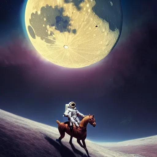 Image similar to centered portrait of the Astronaut riding a Horse on the moon, realistic character concept, high fantasy, light atmosphere, golden ratio, wide shot, cinematic lighting, hyperdetailed, high detailed, high resolution, insanely detailed and intricate, artstation, Marc Simonetti, Greg Rutkowski, octane render, unreal engine, 8k