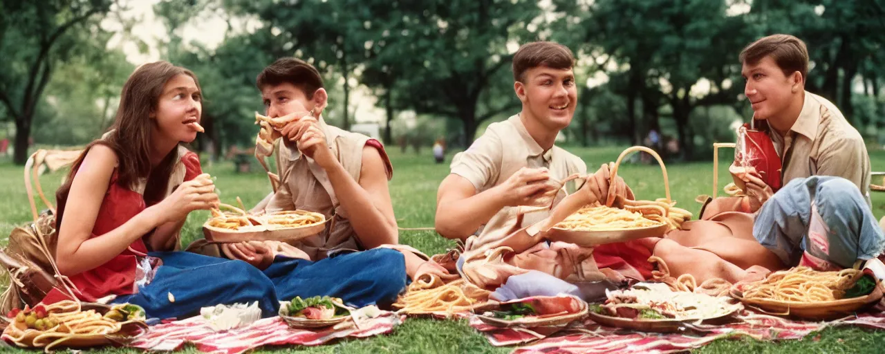 Image similar to young couple enjoying a spaghetti picnic in the park, high detail, perfect face, canon 5 0 mm, cinematic lighting, photography, retro, film, kodachrome