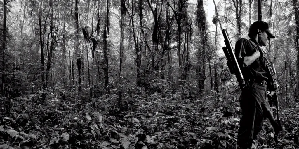 Image similar to cinematic photograph of a man with a baseball hat and a rifle standing in a dark lush forest, apprehensive, awaiting doom, 1 9 8 0 s stephen king atmosphere,