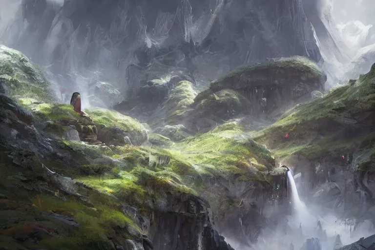 Prompt: Brutalist Shiro, surrounded by manicured gardens, in the mountains, amazing cinematic concept painting, by Jessica Rossier