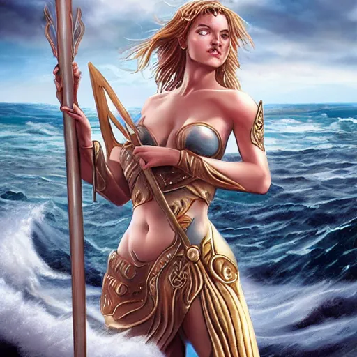 Prompt: fantasy woman with armor emerging from the sea holding a staff made with mother-of-pearl, by Artgerm