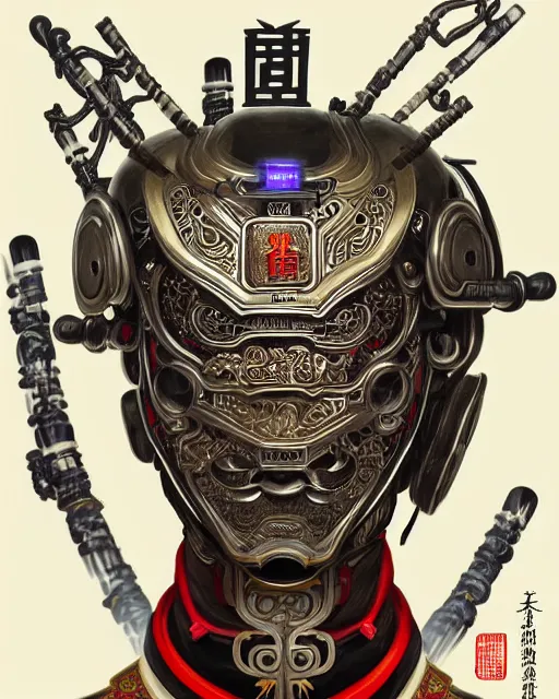 Image similar to portrait of a chinese masculine male cyberpunk machine, machine face, upper half portrait, decorated with chinese opera motifs, muscular, asian, fine china, wuxia, traditional chinese art intricate intense elegant 京 剧 highly detailed symmetry headpiece digital painting artstation concept art smooth sharp focus illustration, art by artgerm and greg rutkowski alphonse mucha 8 k