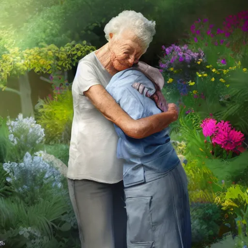 Image similar to A photo 95-year-old lady hugging her 75-year-old daughter in a garden, concept art, trending on art station, 4k, 8k, high detailed