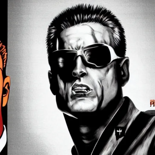 Image similar to Duke Nukem as The American Psycho, staring intensely, Duke Nukem art style, cinematic still