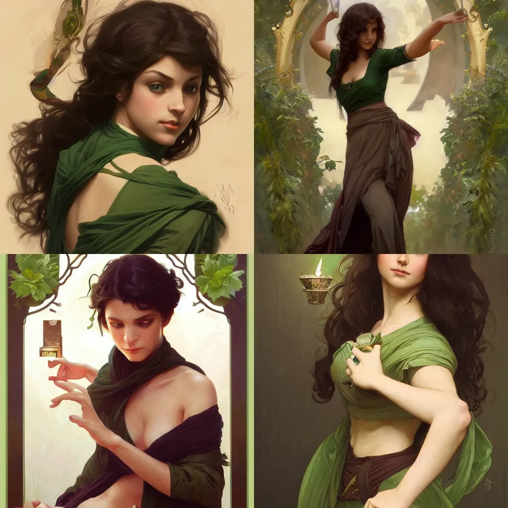 Prompt: short brave female magician with light green eyes and dark brown hair and olive skin, intricate, elegant, highly detailed, digital painting, artstation, concept art, smooth, sharp focus, illustration, art by artgerm and greg rutkowski and alphonse mucha and william - adolphe bouguereau