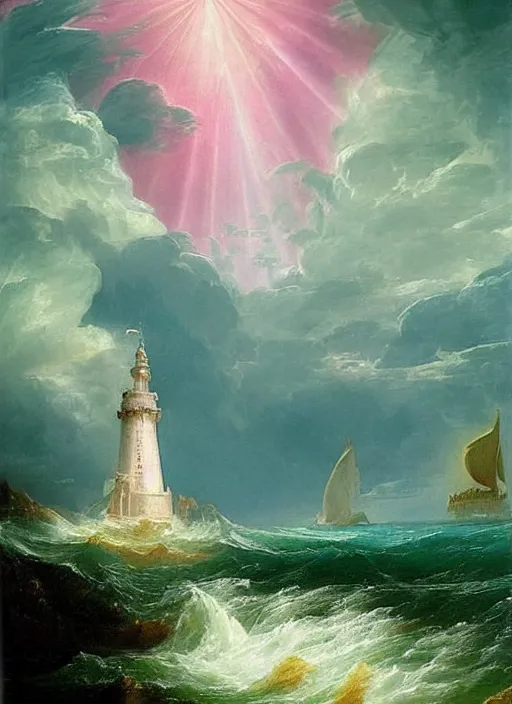 Image similar to a delicate ornate white fantasy tower with pink and green decoration splashes upwards from a turbulent ocean, dramatic lighting, rich colors, beautiful painting by Thomas Cole