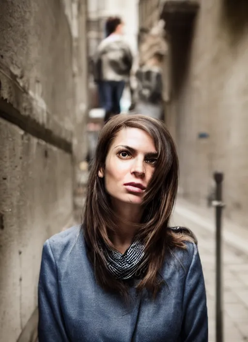 Image similar to portrait of beautiful 30-years-old French woman, with straight hair, well-groomed model, with lovely look, candid street portrait in the style of Martin Schoeller award winning, Sony a7R