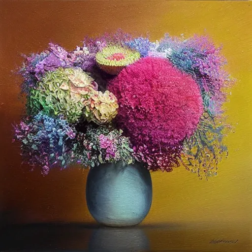 Image similar to This painting is a large canvas, covered in a wash of color. In the center is a cluster of flowers, their petals curling and twisting in on themselves. The effect is ethereal and dreamlike, and the overall effect is one of serenity and peace. kokedama by Nikolina Petolas, by Krenz Cushart, by Syd Mead wondrous