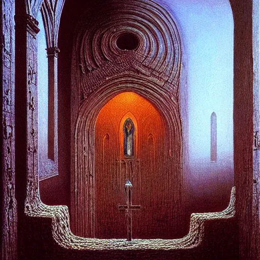 Image similar to church of the golden snail painting by beksinski, barlowe colors. masterpiece painting