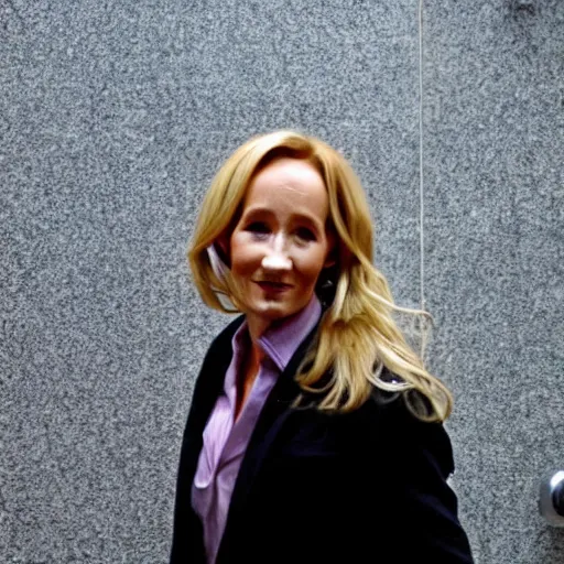 Image similar to mischievous jk rowling walking into men's bathroom