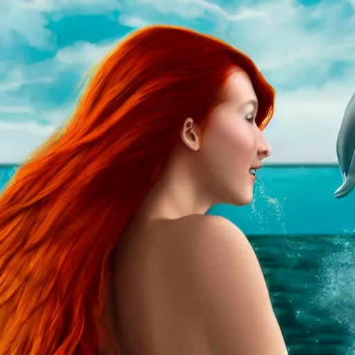 Prompt: a hyper realistic image of a very beautiful red haired girl standing near a window, she is facing the camera, a dolphin is swimming in the sky