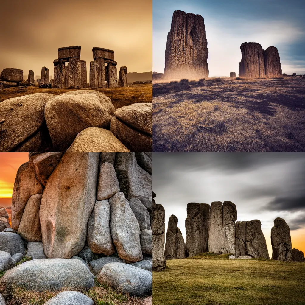 Prompt: Unusual rock formation, similar to stone henge, golden hour photography, 4k, mysterious, overcast