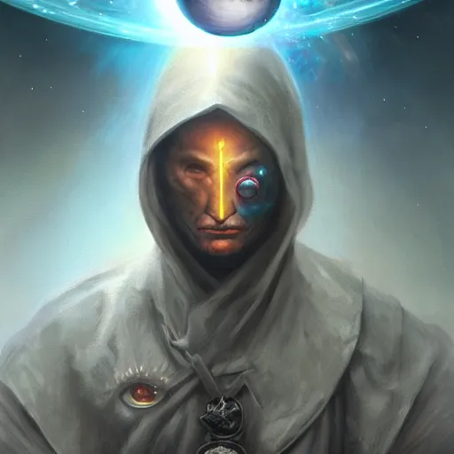 Image similar to male rogue wearing a cloak on an alien world and holding a holographic planet projection in his hand, covered face, detailed, sci - fi, digital painting, artstation, sharp focus, illustration, artgerm, tomasz alen kopera, peter mohrbacher, donato giancola, joseph christian leyendecker, wlop, frank frazetta