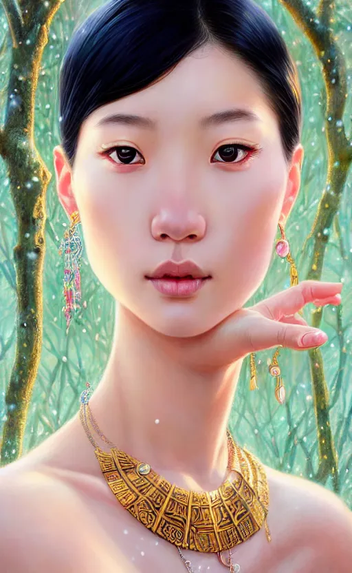 Image similar to a beautiful young charming asian goddess with sundress + jewelry + shinny eyes | | winter, symmetric, realistic shaded, unpleasant face, good looking, fine details, dior, lv, realistic shaded lighting poster by greg rutkowski, macoto takahashi, magali villeneuve, artgerm, jeremy lipkin and michael garmash