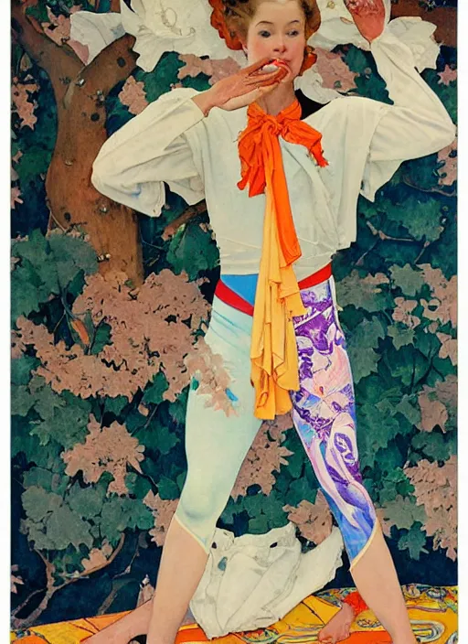 Prompt: an art nouveau painting poster of a girl doing yoga with a futuristic kimono and leggins by norman rockwell