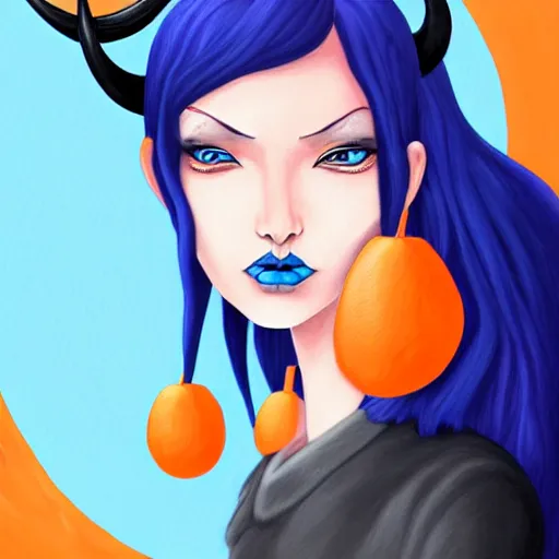 Image similar to illustrated portrait of ram-horned devil woman with blue bob hairstyle and colored orange skin tone and with solid black eyes and black sclera wearing leather by rossdraws